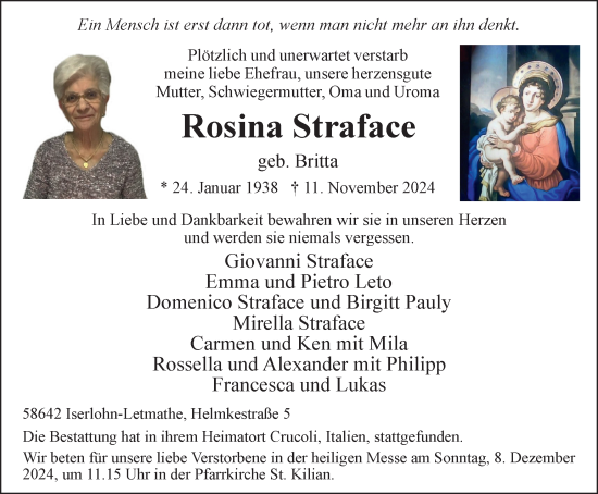 Traueranzeige von Rosina Straface von Tageszeitung