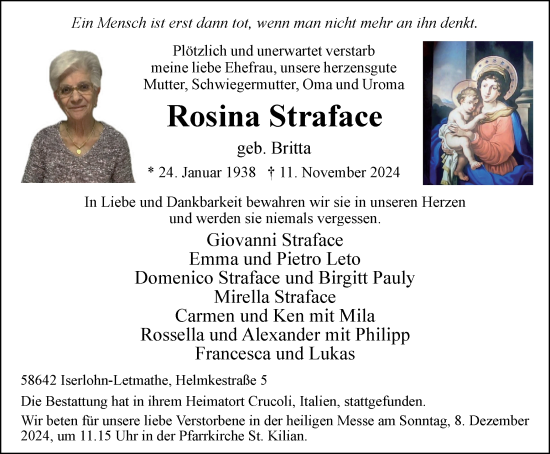 Traueranzeige von Rosina Straface von Tageszeitung
