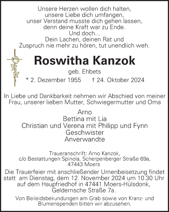 Traueranzeige von Roswitha Kanzok von Tageszeitung
