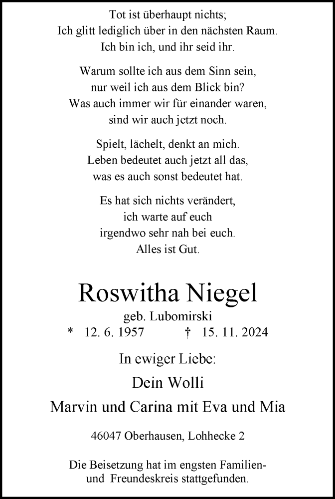  Traueranzeige für Roswitha Niegel vom 30.11.2024 aus Tageszeitung