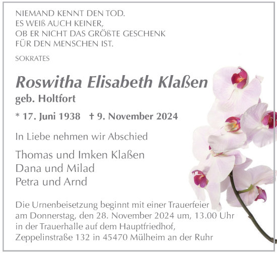 Traueranzeige von Roswitha Elisabeth Klaßen von Tageszeitung