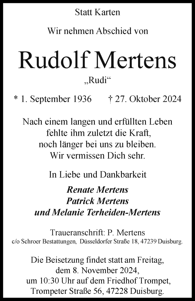  Traueranzeige für Rudolf Mertens vom 02.11.2024 aus Tageszeitung