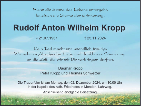 Traueranzeige von Rudolf Anton Wilhelm Kropp von Tageszeitung