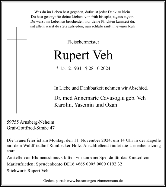 Traueranzeige von Rupert Veh von Tageszeitung