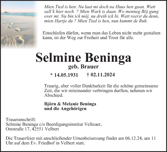 Traueranzeige von Selmine Beninga von Tageszeitung