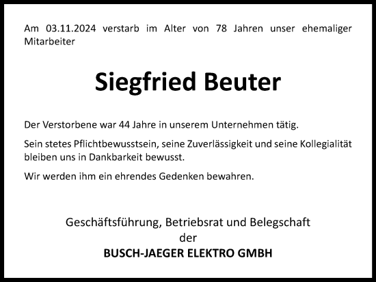 Traueranzeige von Siegfried Beuter von Tageszeitung