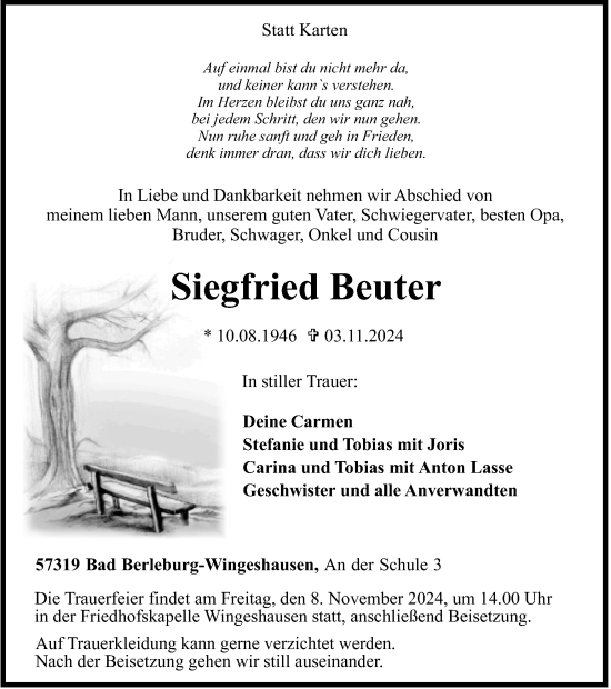 Traueranzeige von Siegfried Beuter von Tageszeitung