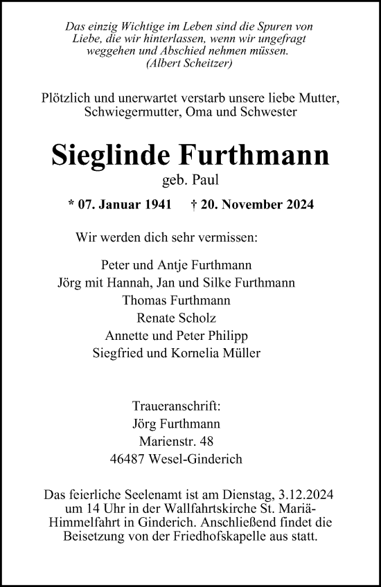 Traueranzeige von Sieglinde Furthmann von Tageszeitung