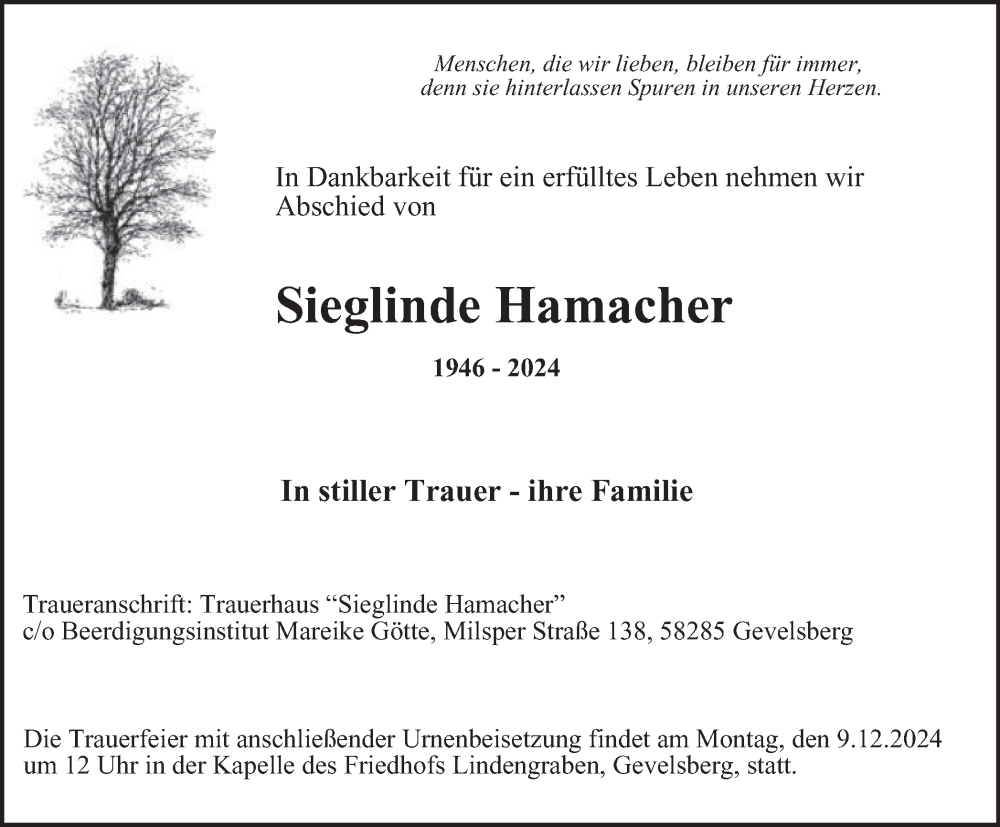  Traueranzeige für Sieglinde Hamacher vom 30.11.2024 aus Tageszeitung