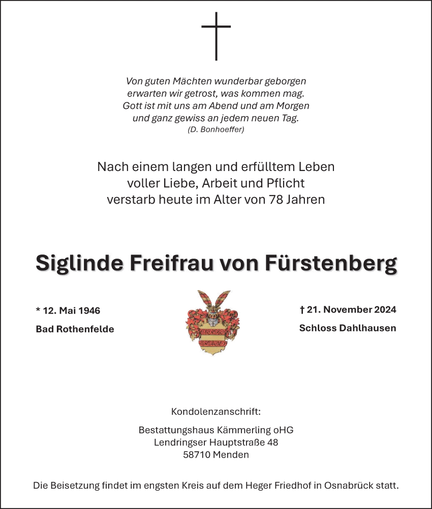  Traueranzeige für Siglinde Freifrau von Fürstenberg vom 30.11.2024 aus Tageszeitung