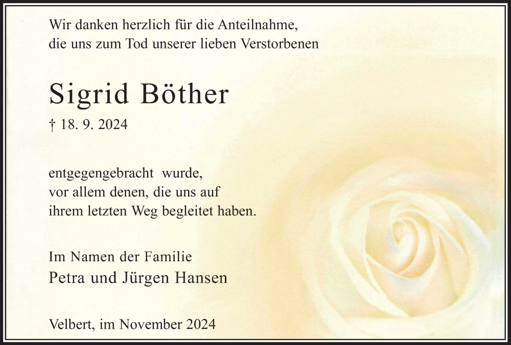  Traueranzeige für Sigrid Böther vom 09.11.2024 aus Tageszeitung