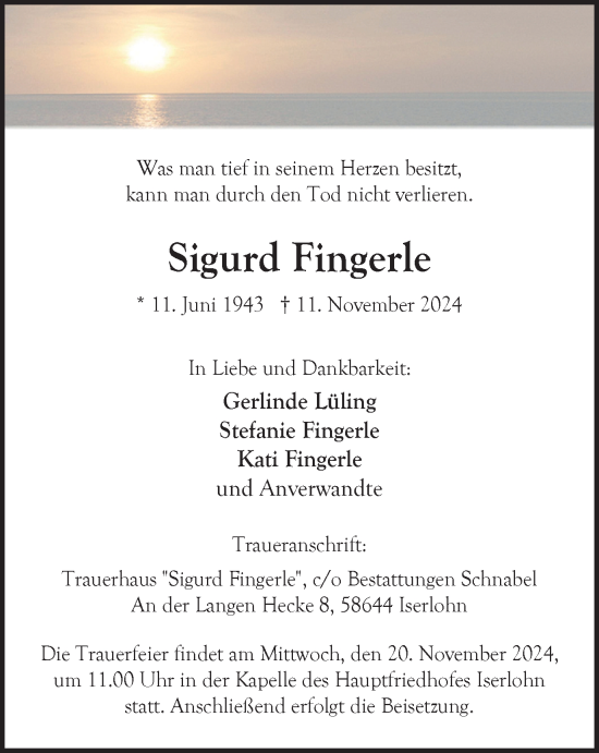 Traueranzeige von Sigurd Fingerle von Tageszeitung