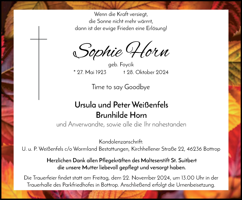  Traueranzeige für Sophie Horn vom 09.11.2024 aus Tageszeitung