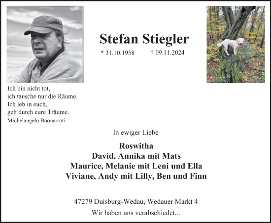 Traueranzeige von Stefan Stiegler von Tageszeitung