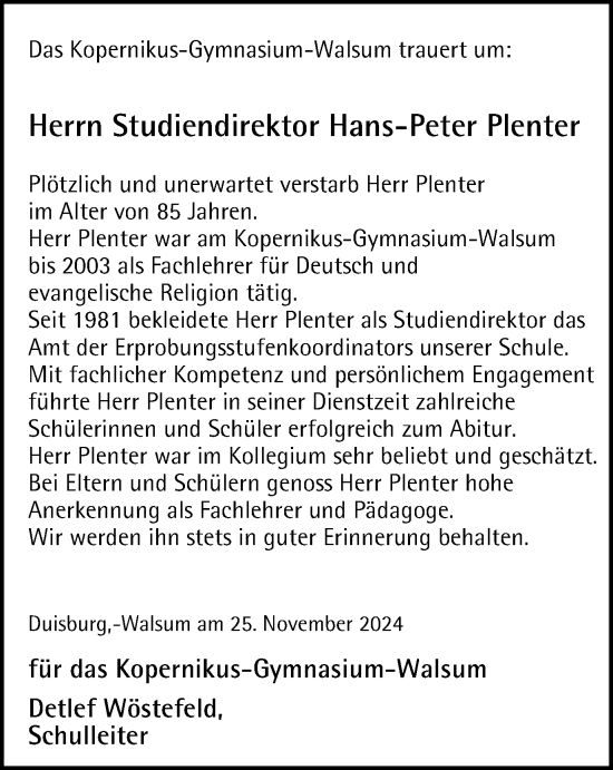 Traueranzeige von Studiendirektor Hans-Peter Plenter von Tageszeitung