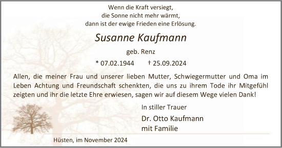 Traueranzeige von Susanne Kaufmann von Tageszeitung