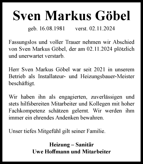 Traueranzeige von Sven Markus Göbel von Tageszeitung