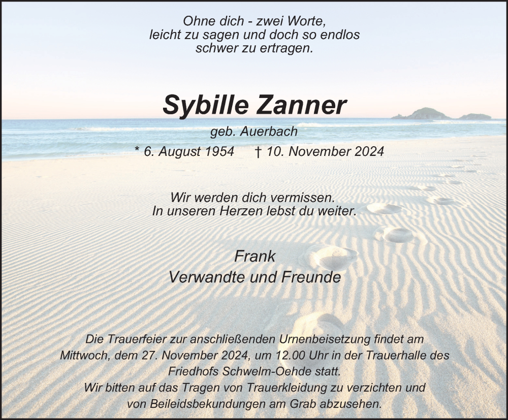  Traueranzeige für Sybille Zanner vom 23.11.2024 aus Tageszeitung