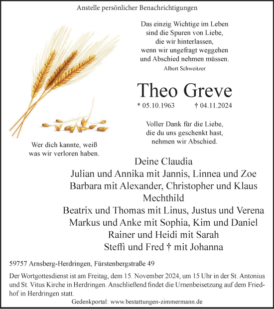 Traueranzeige von Theo Greve von Tageszeitung