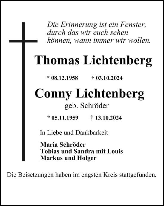 Traueranzeige von Thomas und Conny Lichtenberg von Tageszeitung