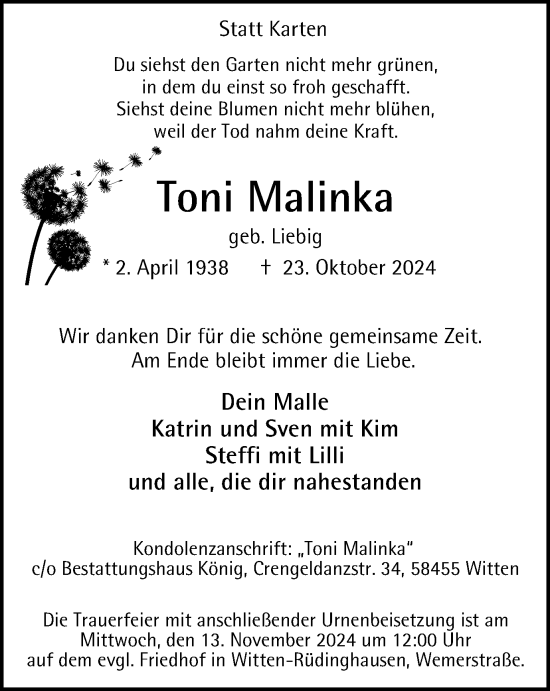 Traueranzeige von Toni Malinka von Tageszeitung