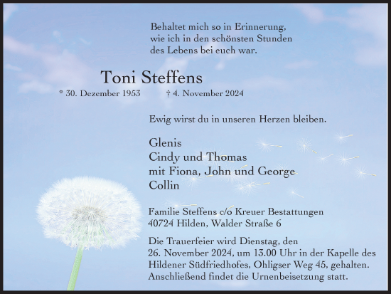 Traueranzeige von Toni Steffens von Tageszeitung