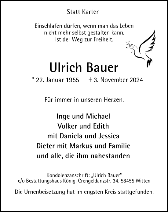 Traueranzeige von Ulrich Bauer von Tageszeitung