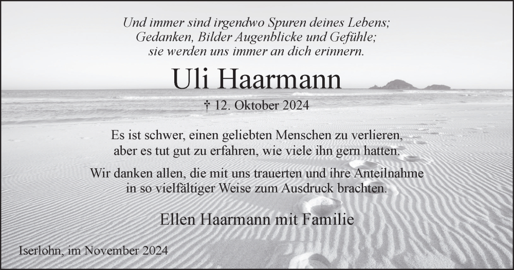  Traueranzeige für Ulrich Haarmann vom 16.11.2024 aus Tageszeitung