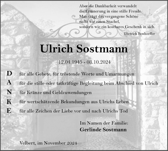 Traueranzeige von Ulrich Sostmann von Tageszeitung