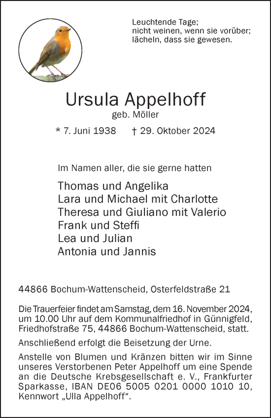 Traueranzeige von Ursula Appelhoff von Tageszeitung