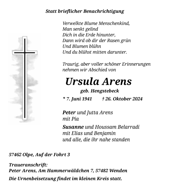 Traueranzeige von Ursula Arens von Tageszeitung