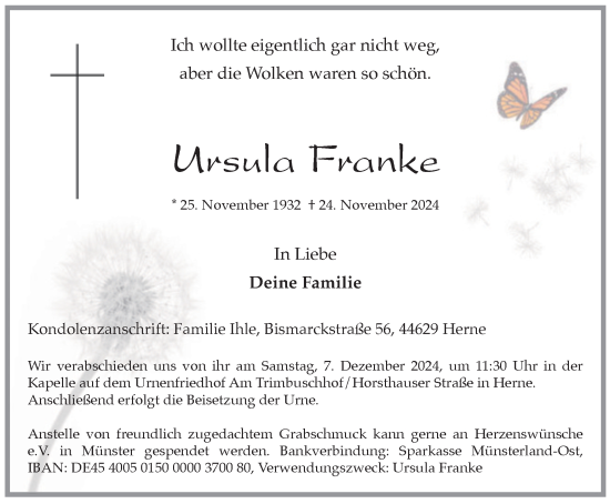 Traueranzeige von Ursula Franke von Tageszeitung