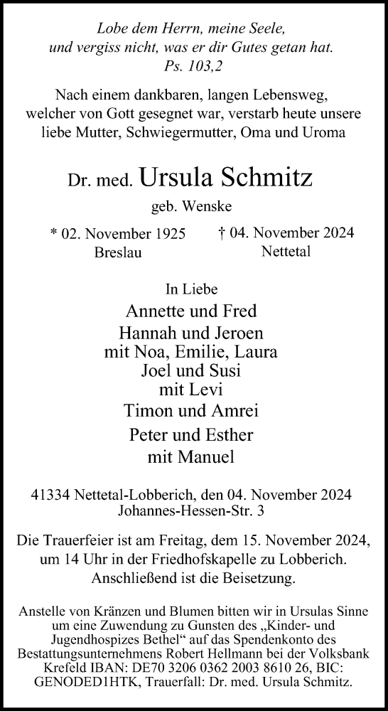  Traueranzeige für Ursula Schmitz vom 09.11.2024 aus Tageszeitung
