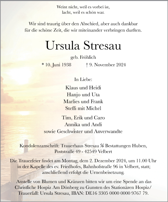 Traueranzeige von Ursula Stresau von Tageszeitung