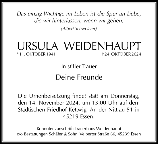 Traueranzeige von Ursula Weidenhaupt von Tageszeitung