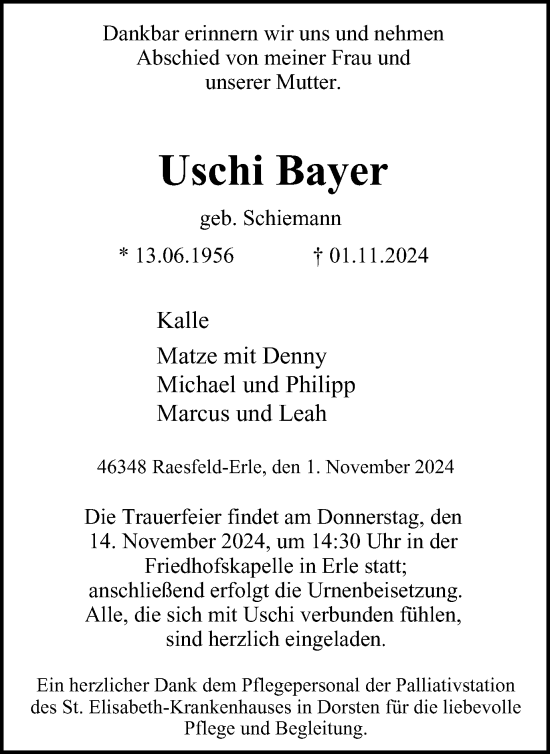 Traueranzeige von Uschi Bayer von Tageszeitung