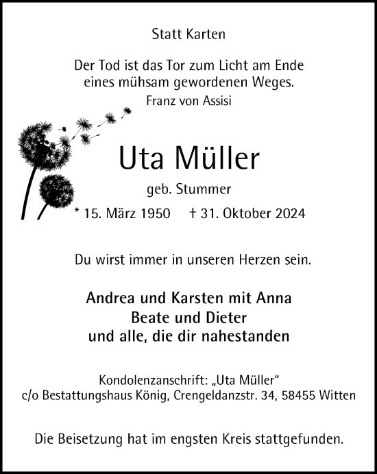 Traueranzeige von Uta Müller von Tageszeitung