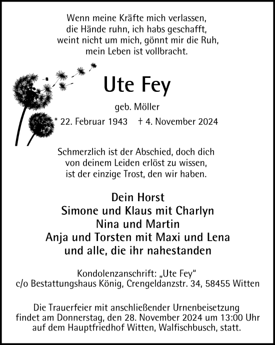Traueranzeige von Ute Fey von Tageszeitung