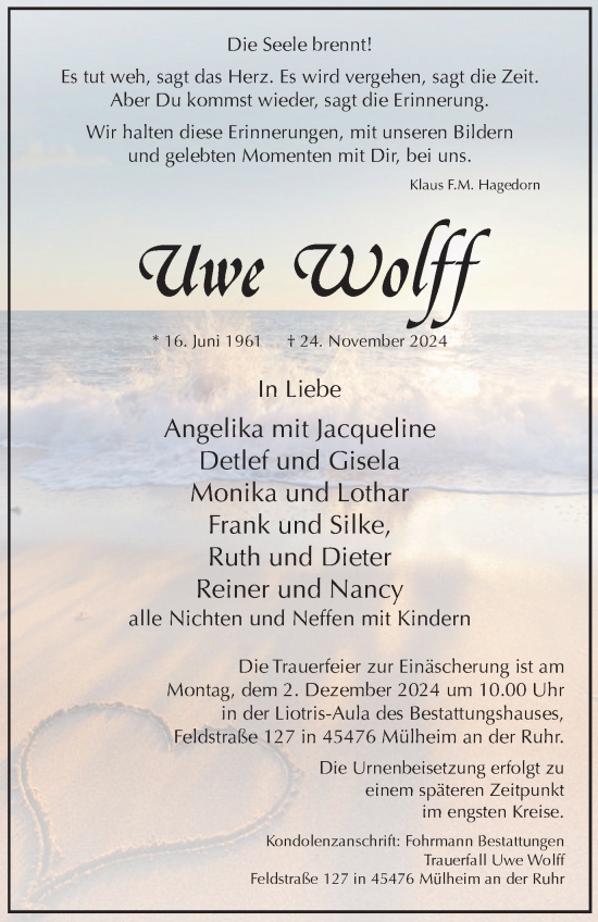 Traueranzeige von Uwe Wolff von Tageszeitung