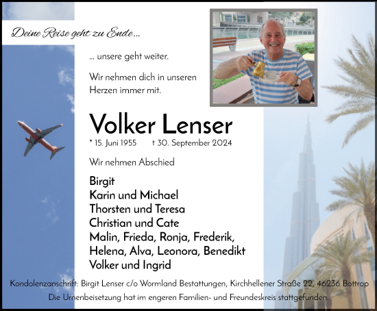 Traueranzeige von Volker Lenser von Tageszeitung