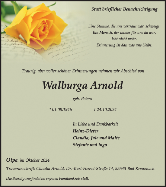Traueranzeige von Walburga Arnold von Tageszeitung