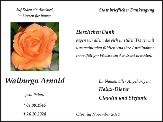 Traueranzeige von Walburga Arnold von Tageszeitung