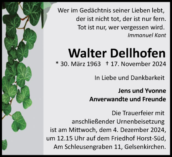 Traueranzeige von Walter Dellhofen von Tageszeitung