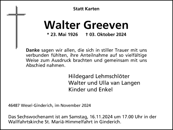 Traueranzeige von Walter Greeven von Tageszeitung