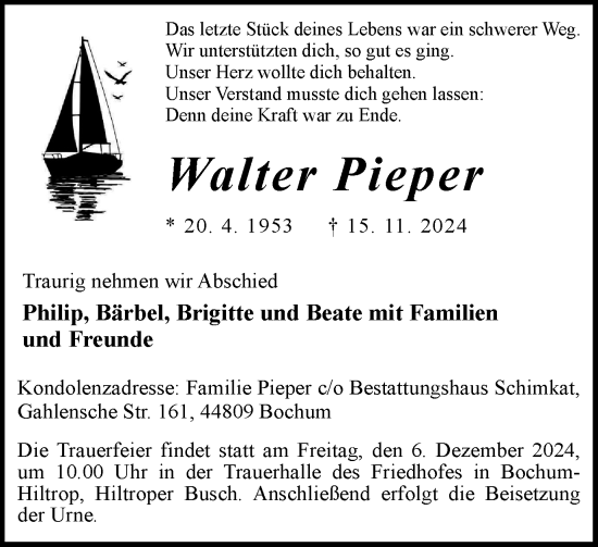 Traueranzeige von Walter Pieper von Tageszeitung