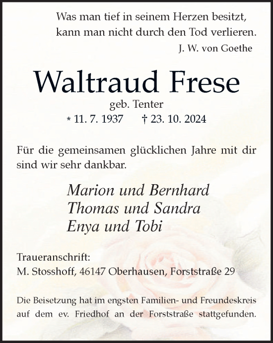 Traueranzeige von Waltraud Frese von Tageszeitung