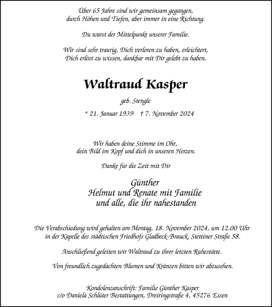 Traueranzeige von Waltraud Kasper von Tageszeitung