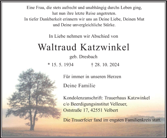 Traueranzeige von Waltraud Katzwinkel von Tageszeitung