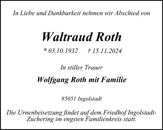 Traueranzeige von Waltraud Roth von Tageszeitung