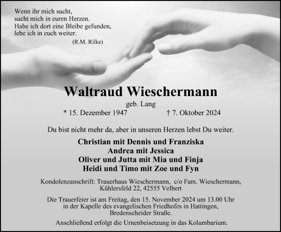 Traueranzeige von Waltraud Wieschermann von Tageszeitung